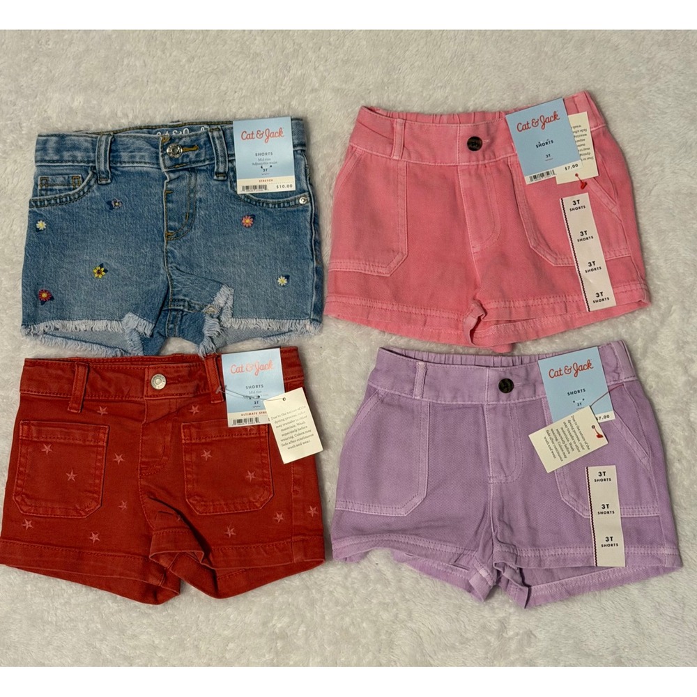 4pc Toddler Girls 3T Shorts Lot; Denim, Adjustable Waist Cat & Jack NWT